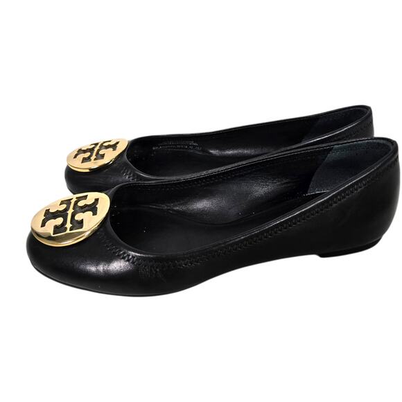 Tory Burch Reva Mestico Ballet Flats Black Leather Round Toe Logo Medallion 6 - Picture 5 of 16